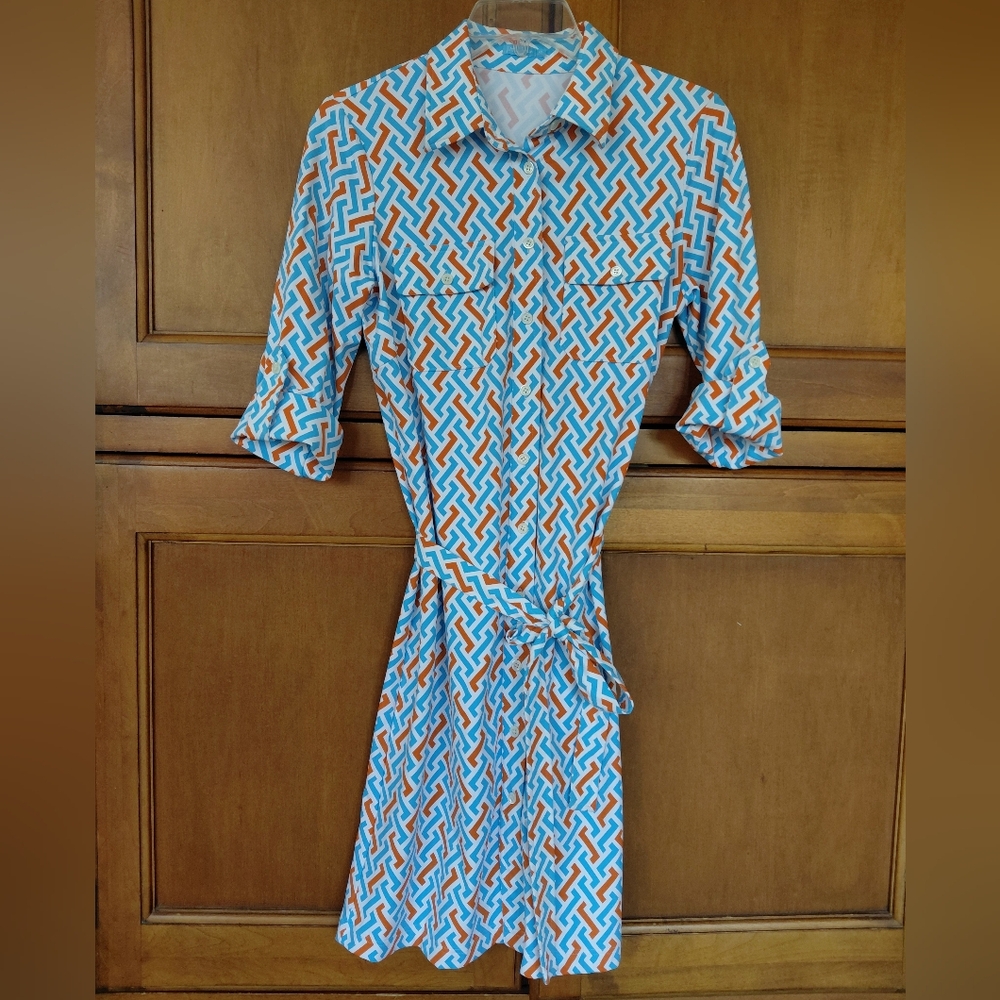 J. McLaughlin Brynn Catalina Cloth Belted Shirt Dress in Geo Print- XS